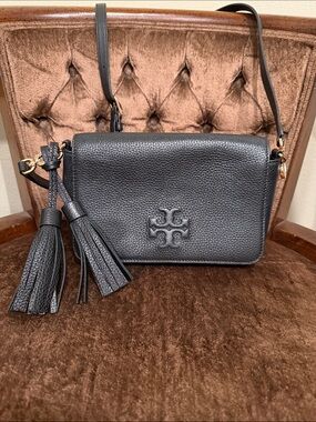 Tory Burch Black Pebbled Leather Crossbody with Tassels